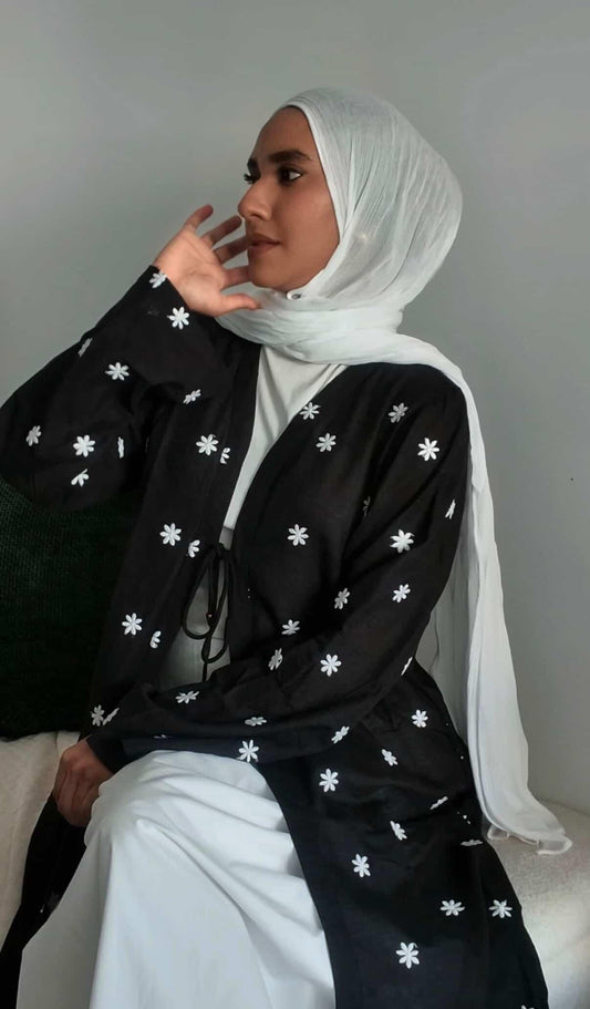 Black Embroidered Linen Abaya